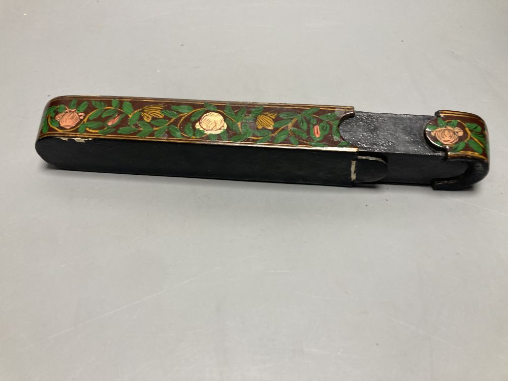 A Chinese scroll holder and a papier mache pen box, 22cm